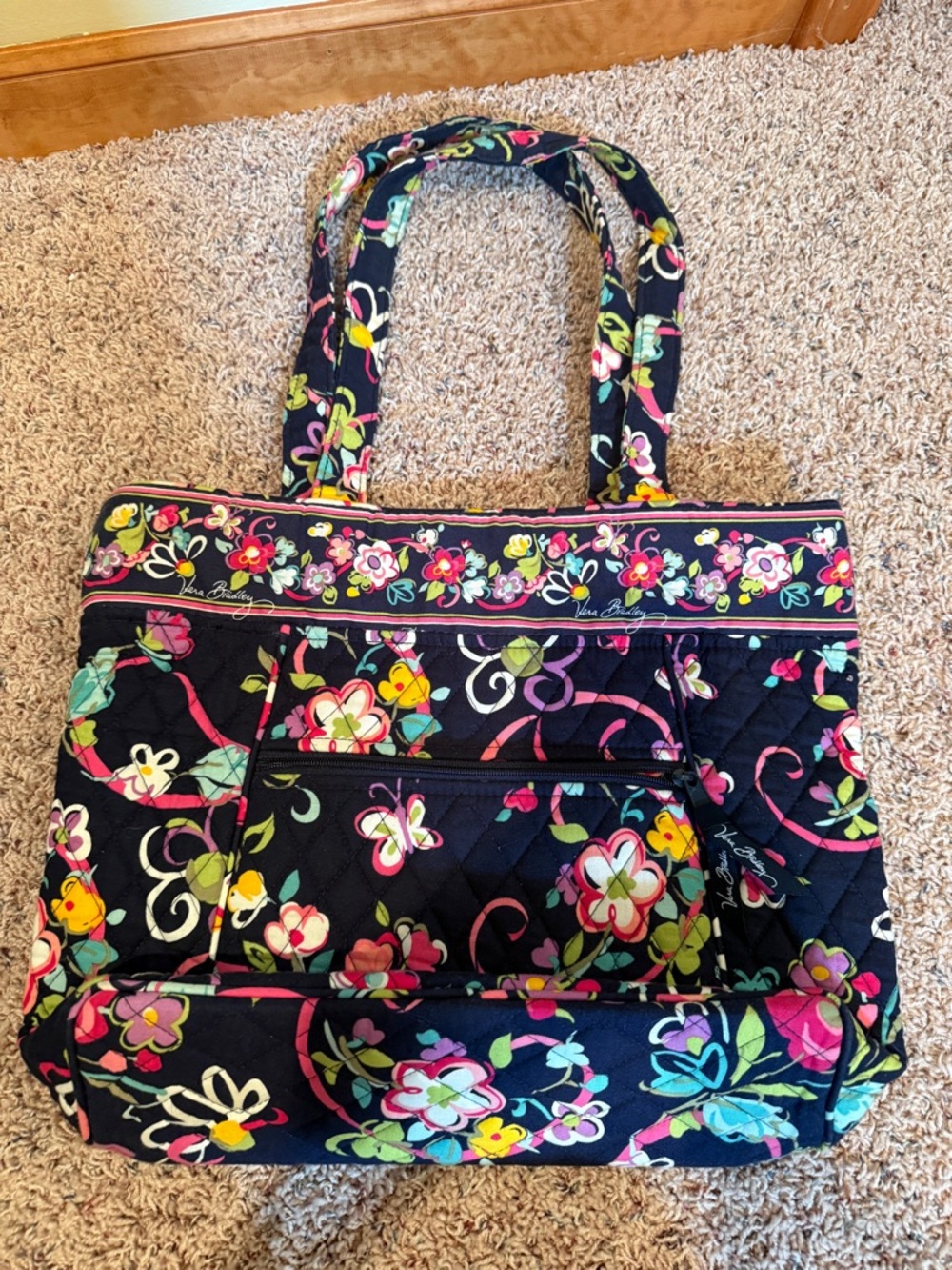 Vera Bradley Black Quilted Floral Tote with Multicolor Flowers